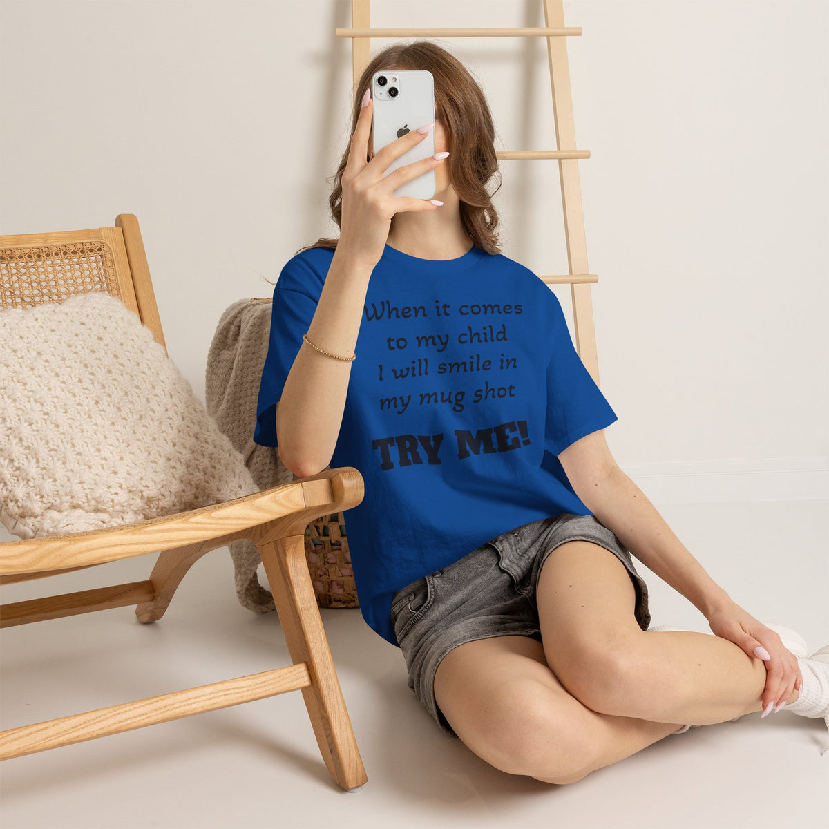 Mug Shot Parenting T‑Shirt — "When it comes to my child I will smile in my mug shot. TRY ME!"