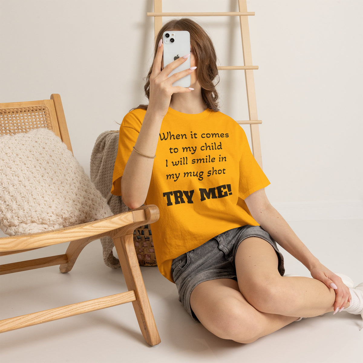 Mug Shot Parenting T‑Shirt — "When it comes to my child I will smile in my mug shot. TRY ME!"