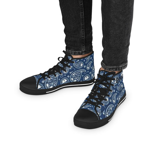 Blue Paisley Bandana High-Top Sneakers | Men's Stylish Streetwear Footwear | Unique Casual Print Shoes